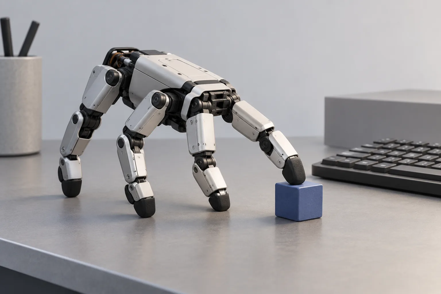 A generic anthropomorphic robotic hand supports itself on its fingertips while moving toward a keyboard and a small object.
