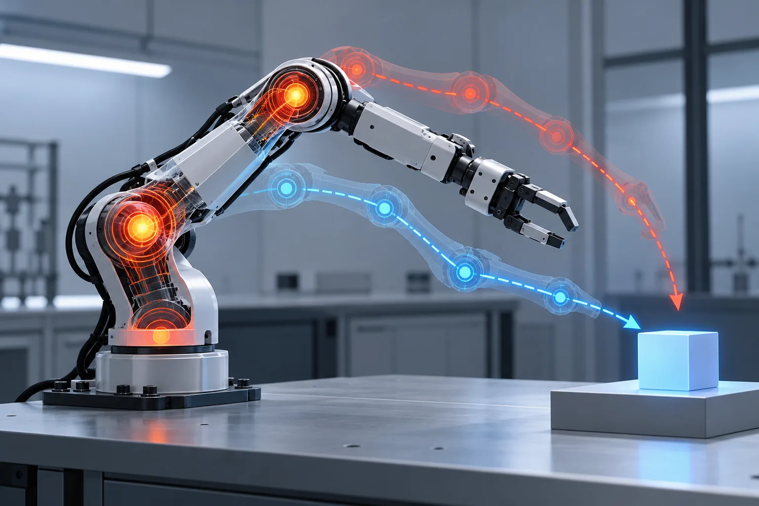 Illustration of a robot arm reconsidering two manipulation paths after detecting increased joint load.