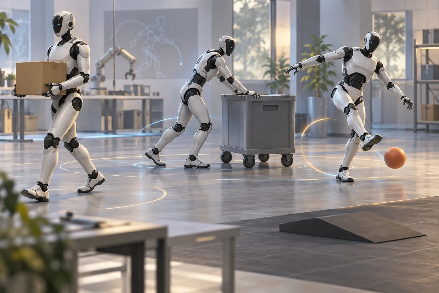 A generic humanoid robot uses one learned policy to carry, push and kick objects while recovering its balance.