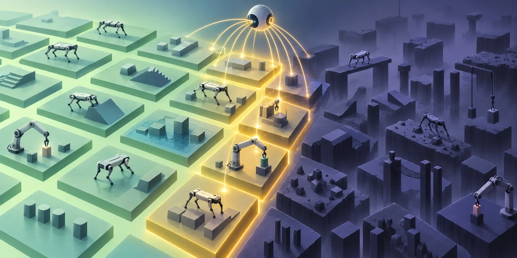 A generic simulation interface shows robot task configurations concentrated around the boundary between mastered and not-yet-reachable challenges.