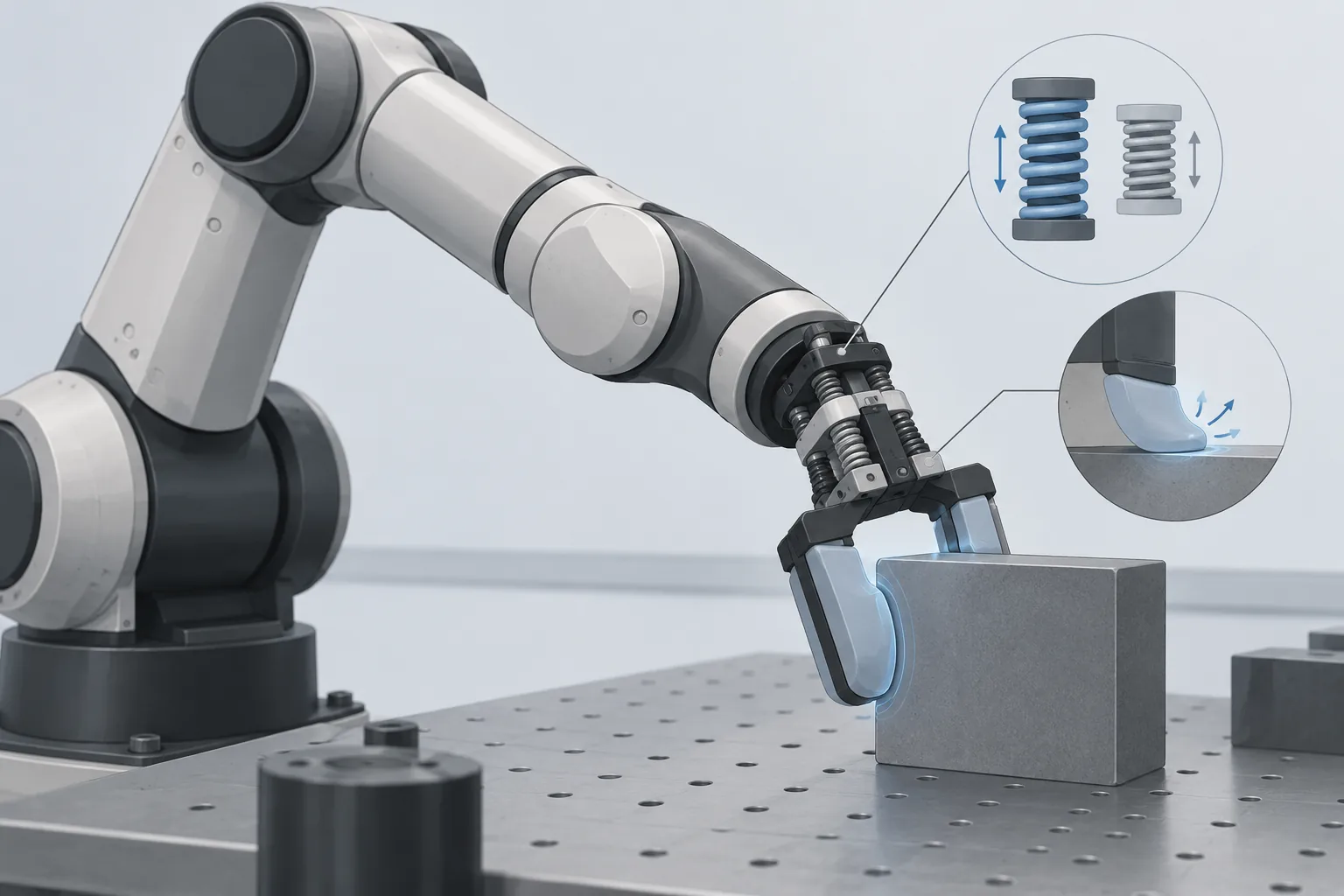 Illustration of a robot arm adjusting its compliance while maintaining contact with an object.