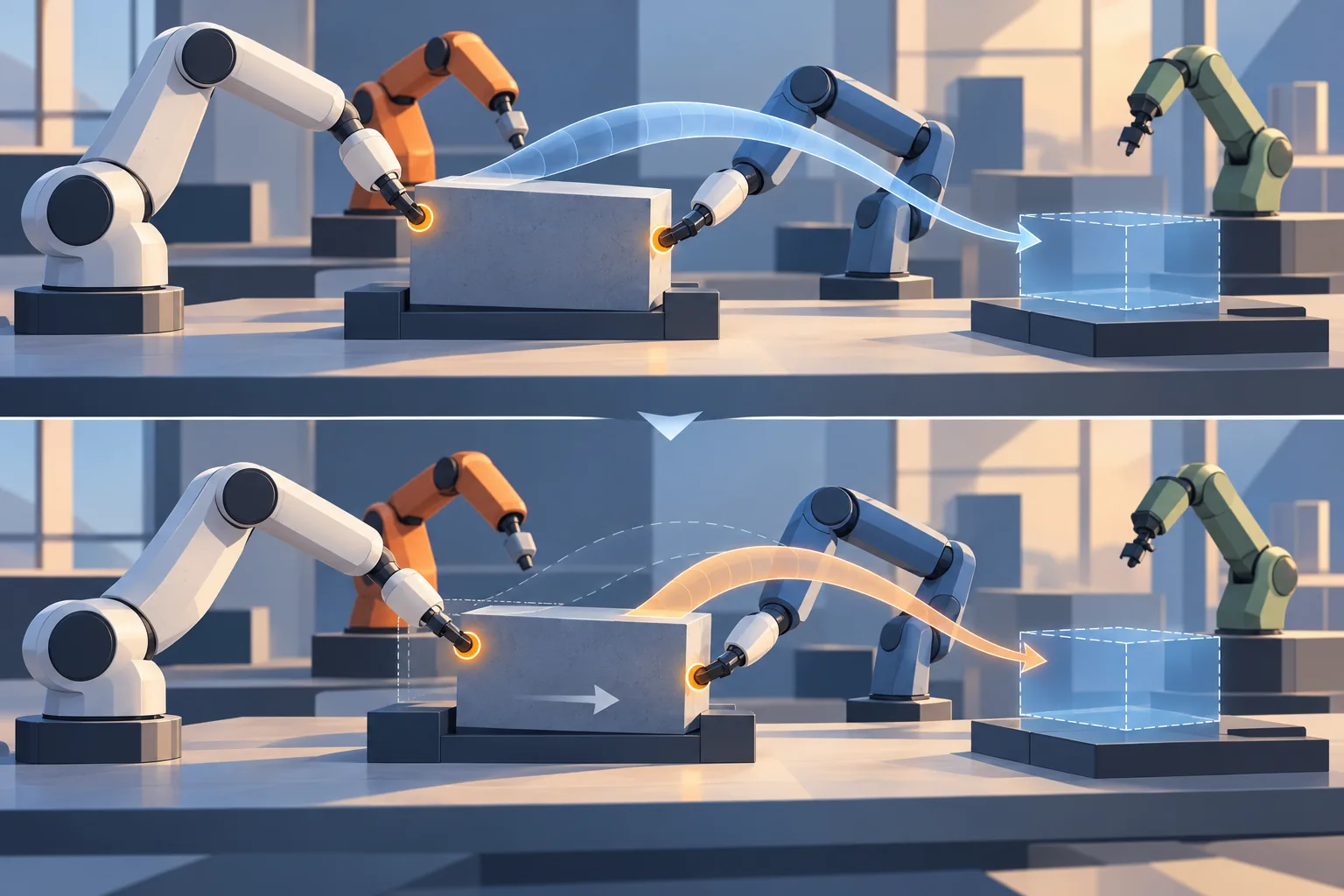 Conceptual illustration of an object-motion program being edited and converted into robot-arm movements in a generic workspace.