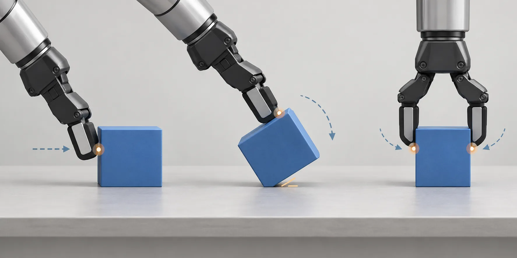 Illustration of a robot gripper repositioning an object through surface contact before grasping it.