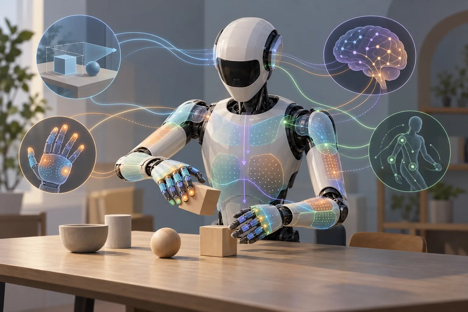 Conceptual illustration of a tactile-equipped humanoid using contact signals alongside vision and proprioception while interacting with a table.