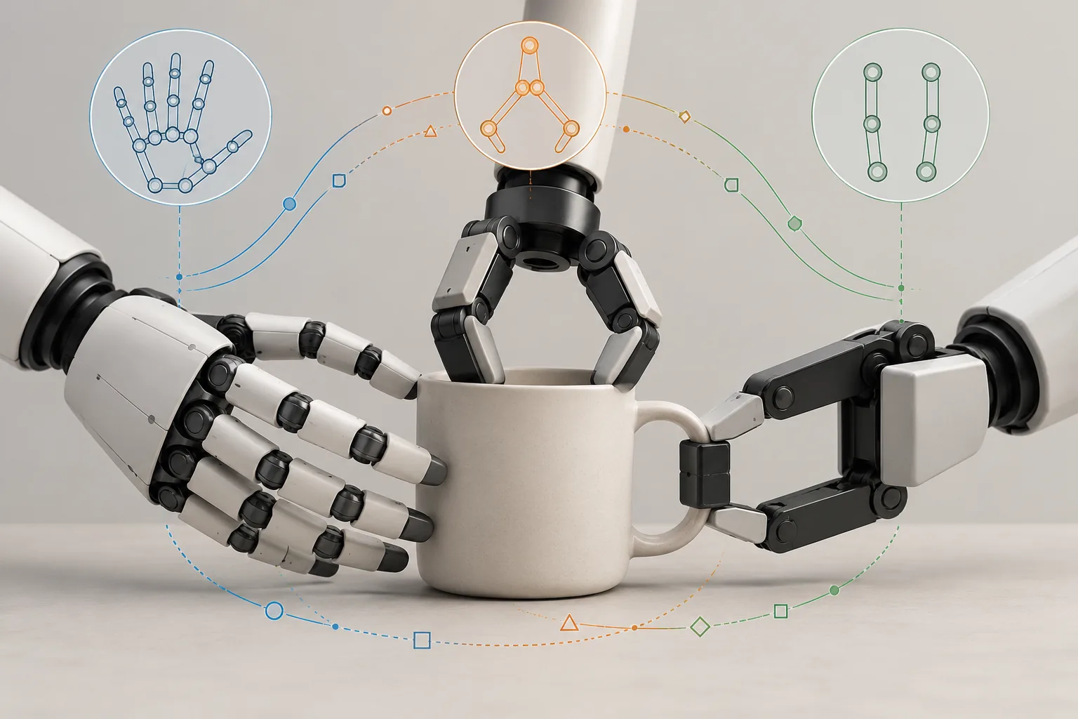 Illustration of several robotic hand designs forming grasps around the same object, connected by an abstract kinematic flow.