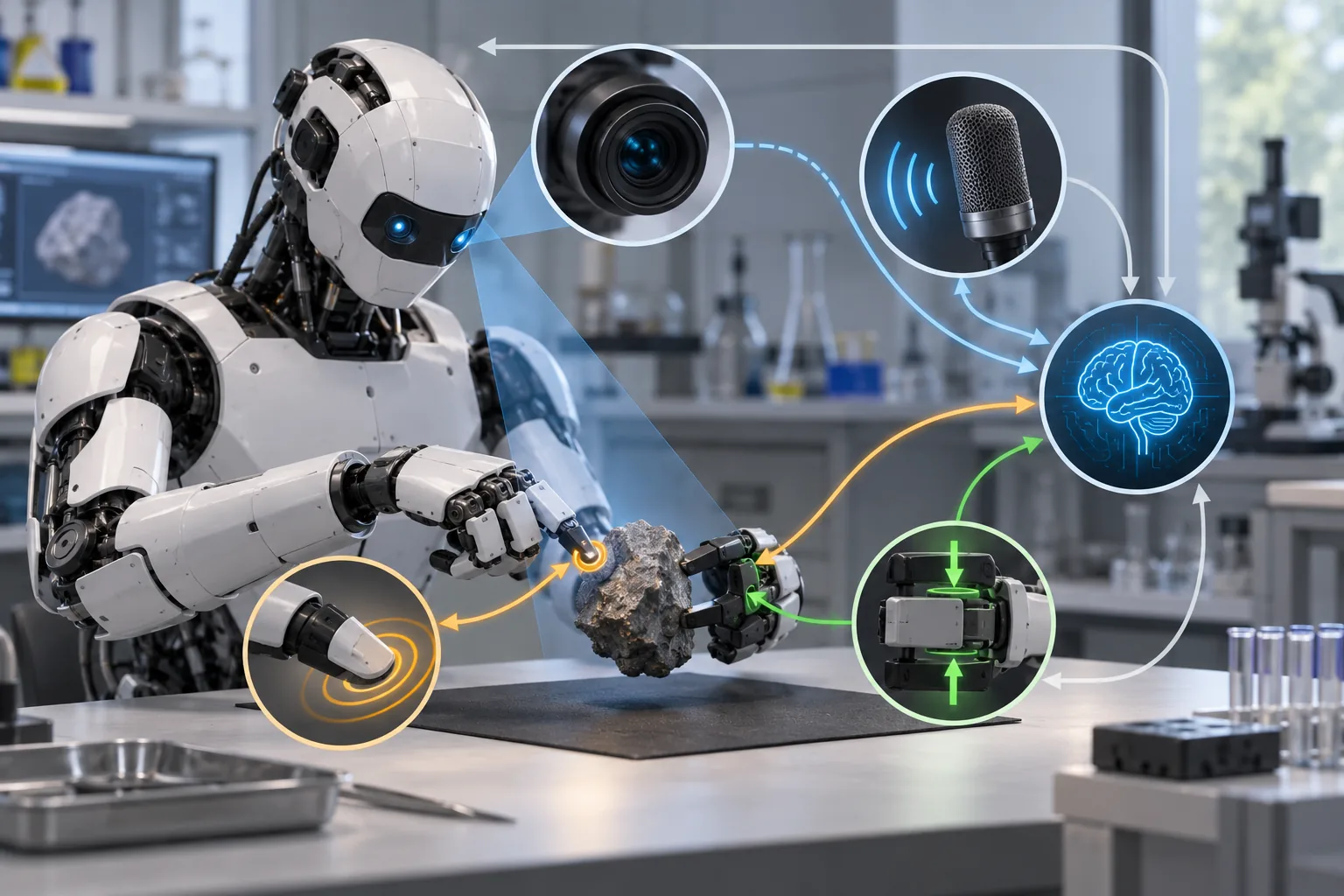 Illustration of a robot examining an object using cameras, microphones, touch sensors and force feedback.