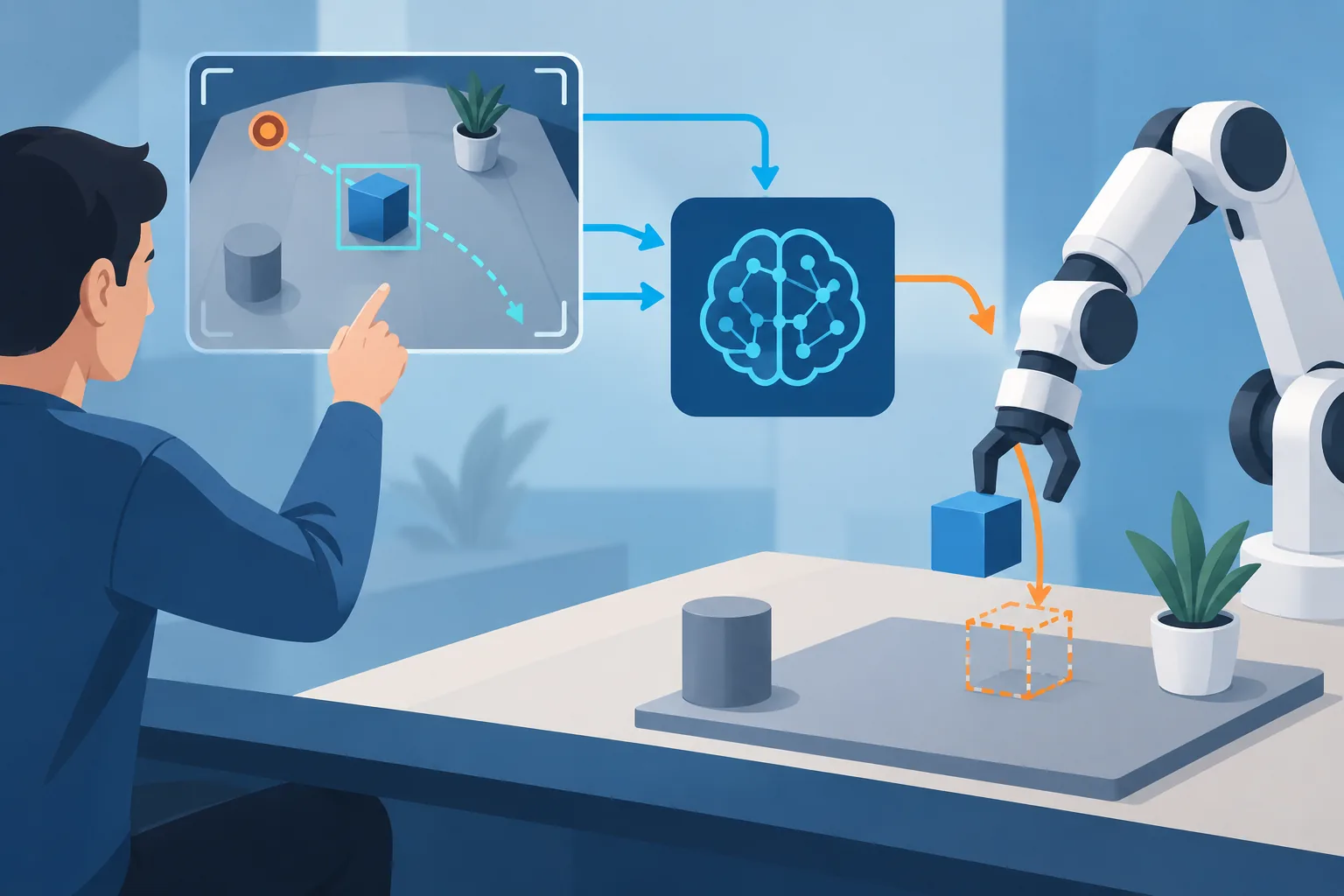 Conceptual illustration of a person marking a target point and path on a robot camera view to guide a manipulation policy.