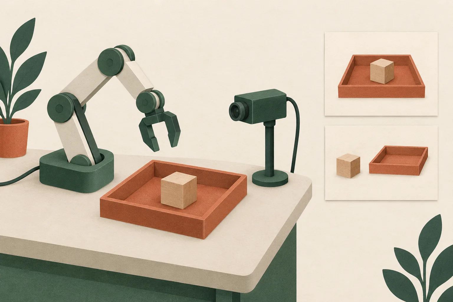 Conceptual robot arm and camera beside two image cards showing a block inside and outside a tray.