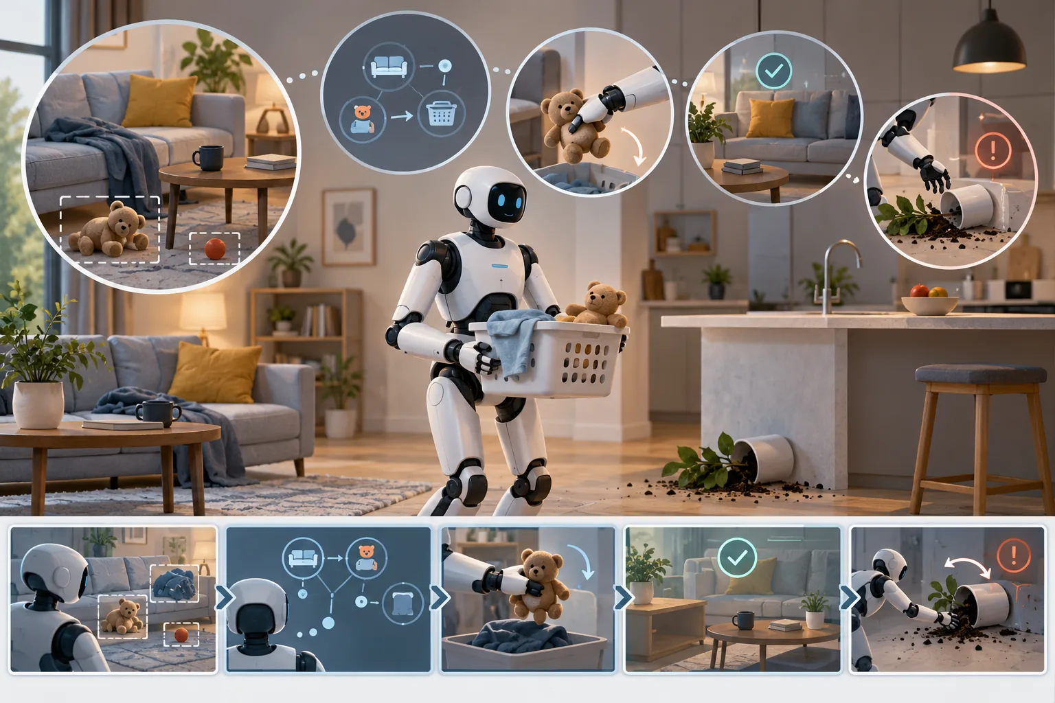 Conceptual illustration of a household robot progressing through discovery, reasoning, manipulation, verification and recovery stages in a simulated home.