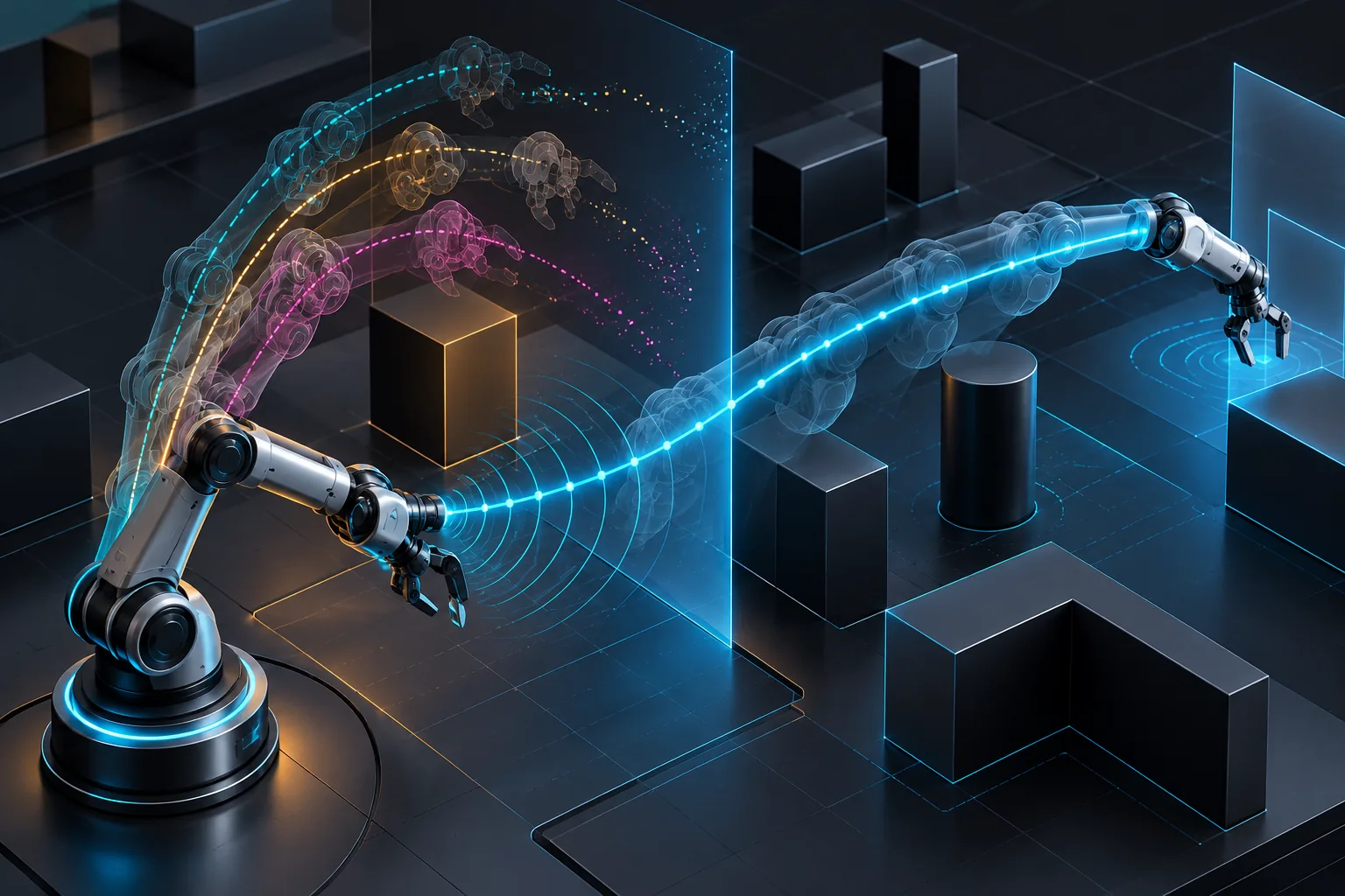 Robot checking several candidate motion paths against a newer observation before committing