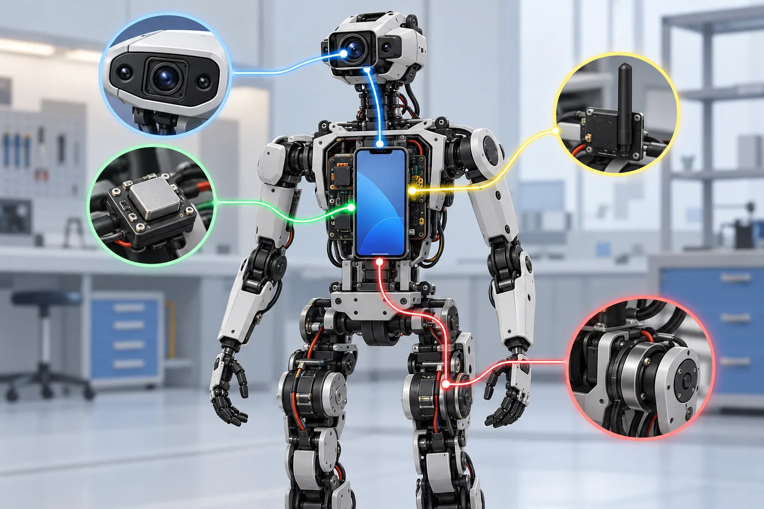 Illustration of a small modular humanoid robot using a torso-mounted smartphone for sensing and computation.