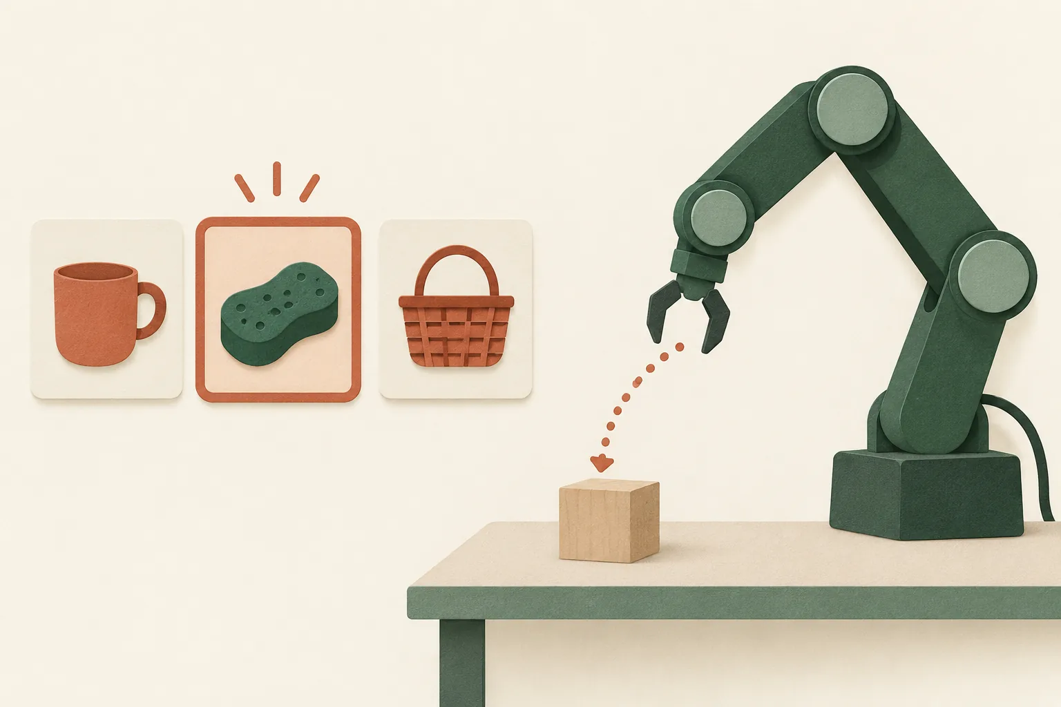 Conceptual illustration of task cards beside a robot arm and a dotted motion path.