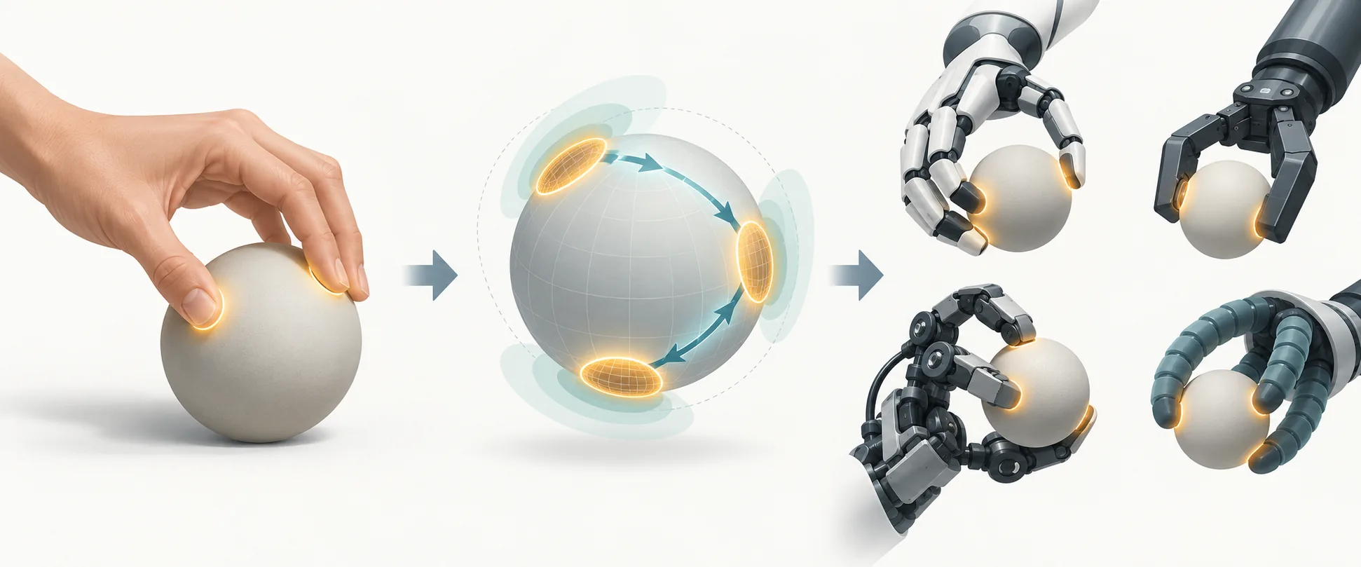 A generic diagram shows a human hand demonstration being converted into contact points and retargeted to several differently shaped robot hands.