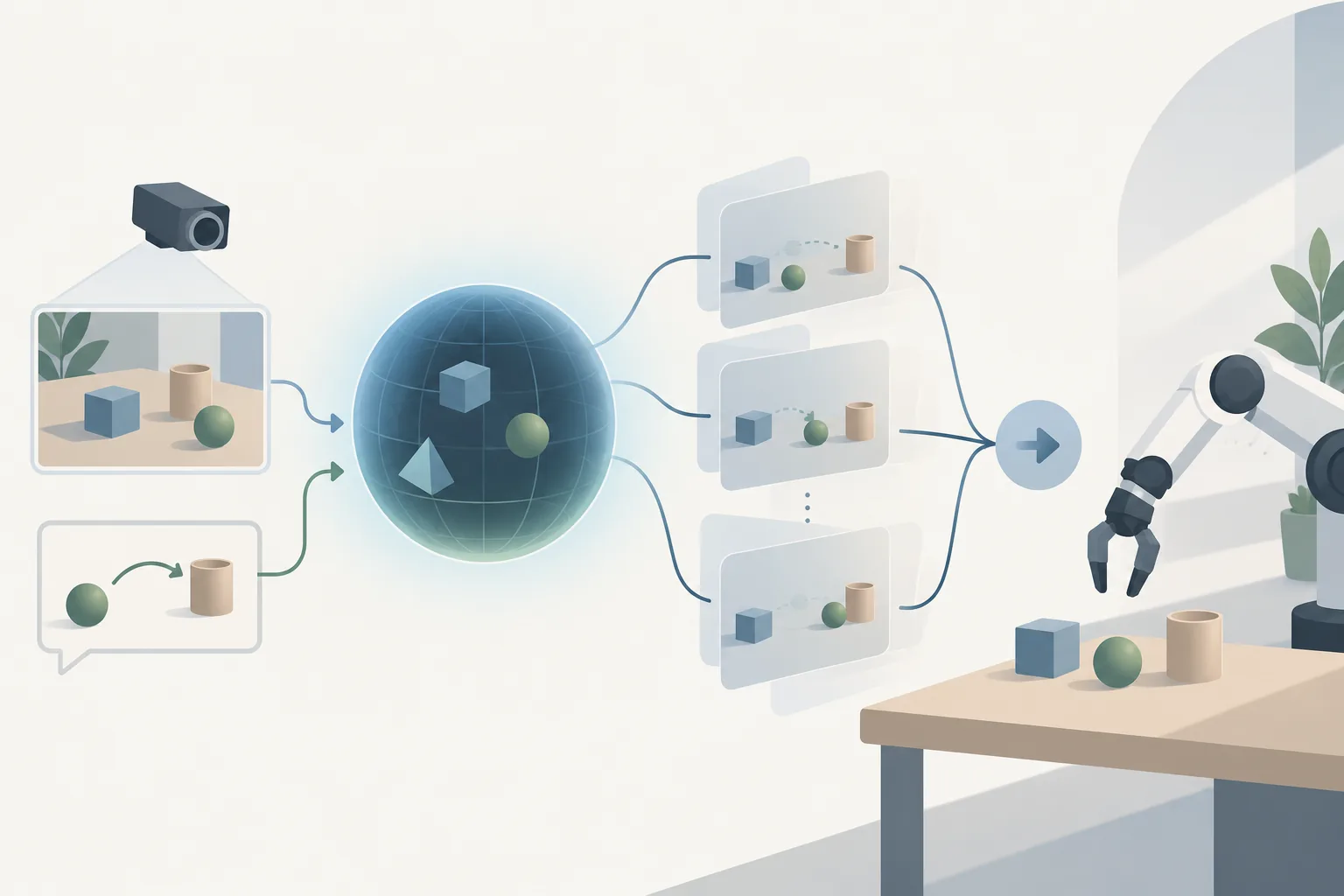 Conceptual illustration of a robot policy using observations, a task instruction and predicted latent future states to select actions.