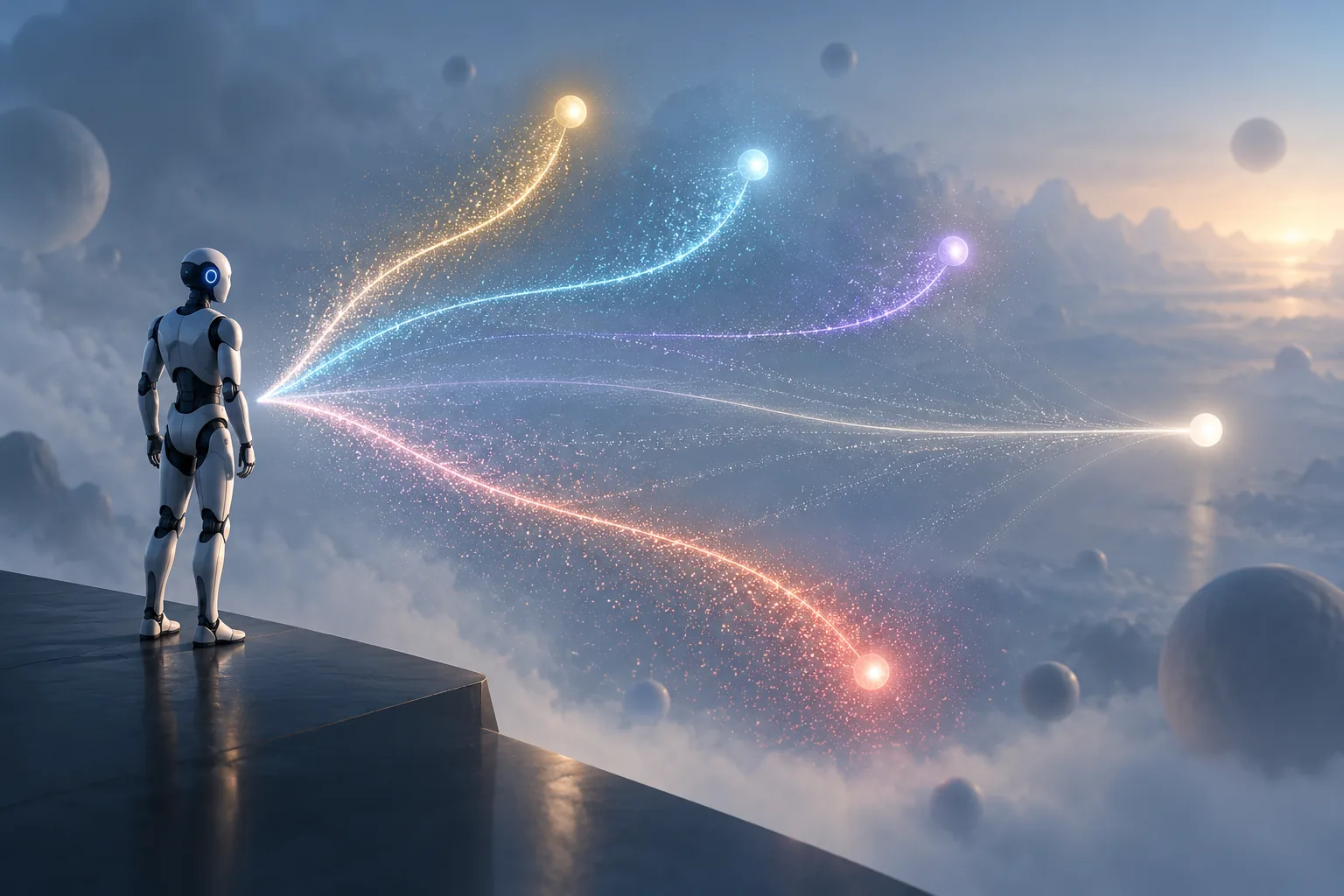 Conceptual illustration of a robot policy preserving several distinct action paths instead of merging them into one averaged trajectory.