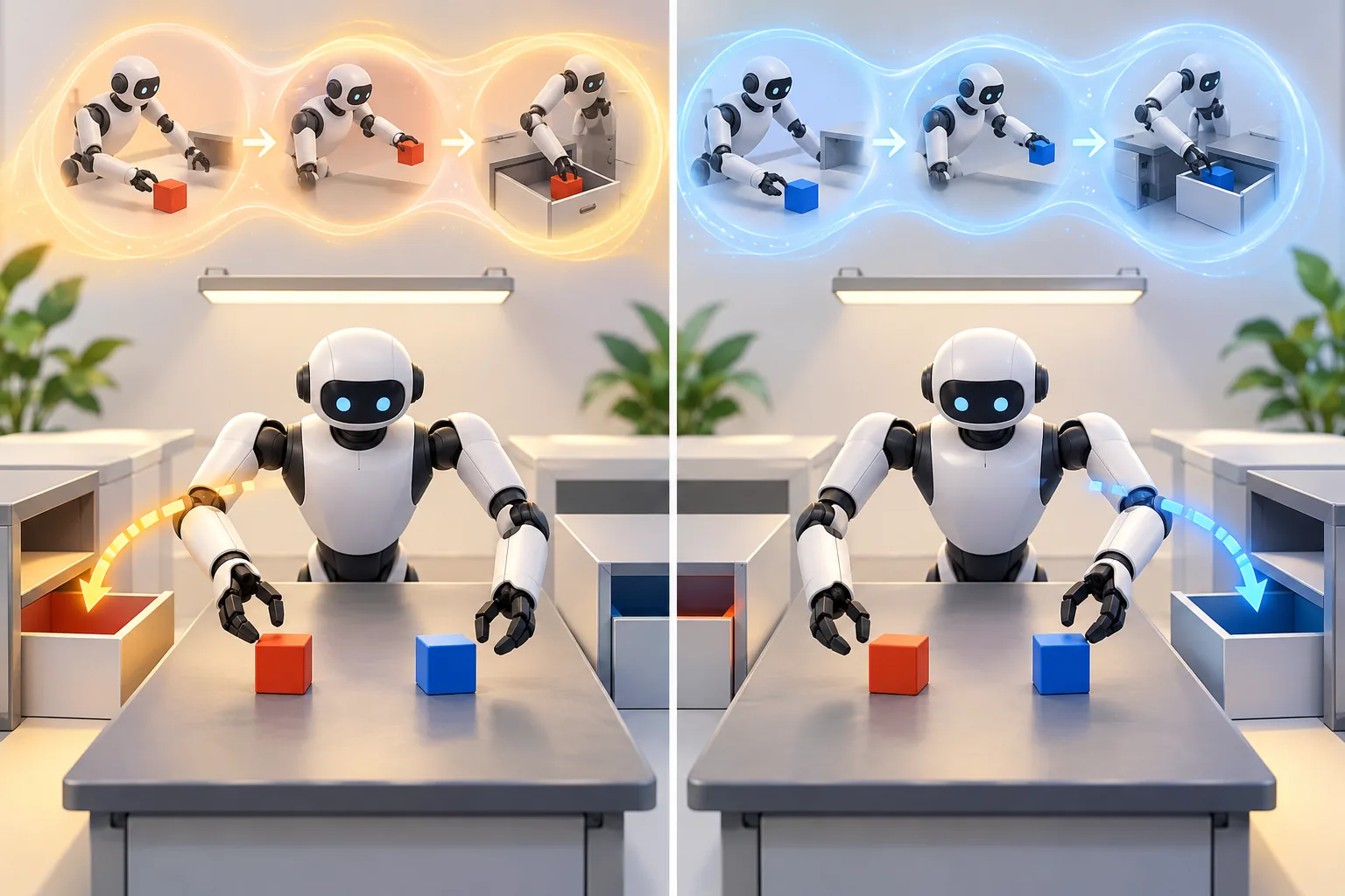 Two identical robot workspaces diverging because of different earlier events