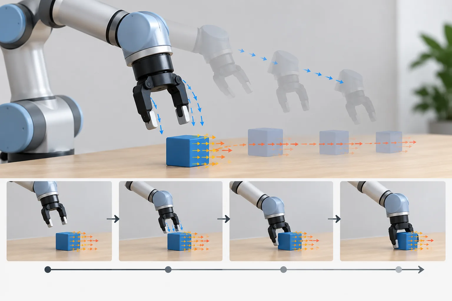 A generic robot arm manipulating objects while colored motion vectors indicate predicted movement between successive observations.