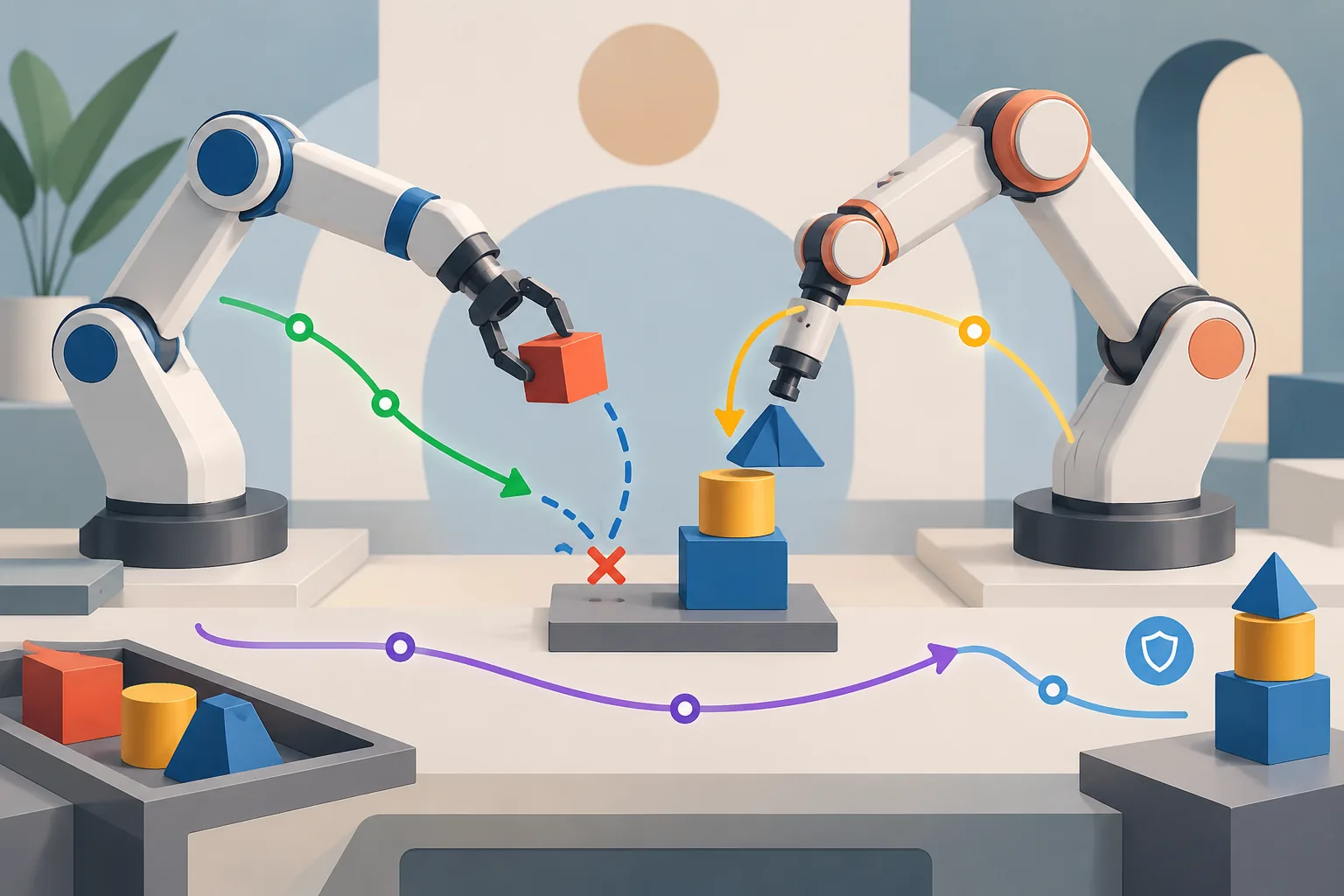 Two abstract robotic arms completing successive manipulation stages while separate visual paths reveal coordination and stability failures.