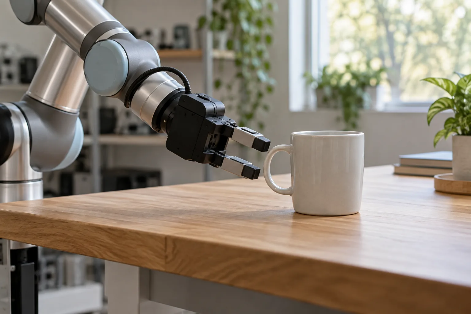 Conceptual image of an unbranded robot arm approaching the handle of a ceramic mug on a lab table.