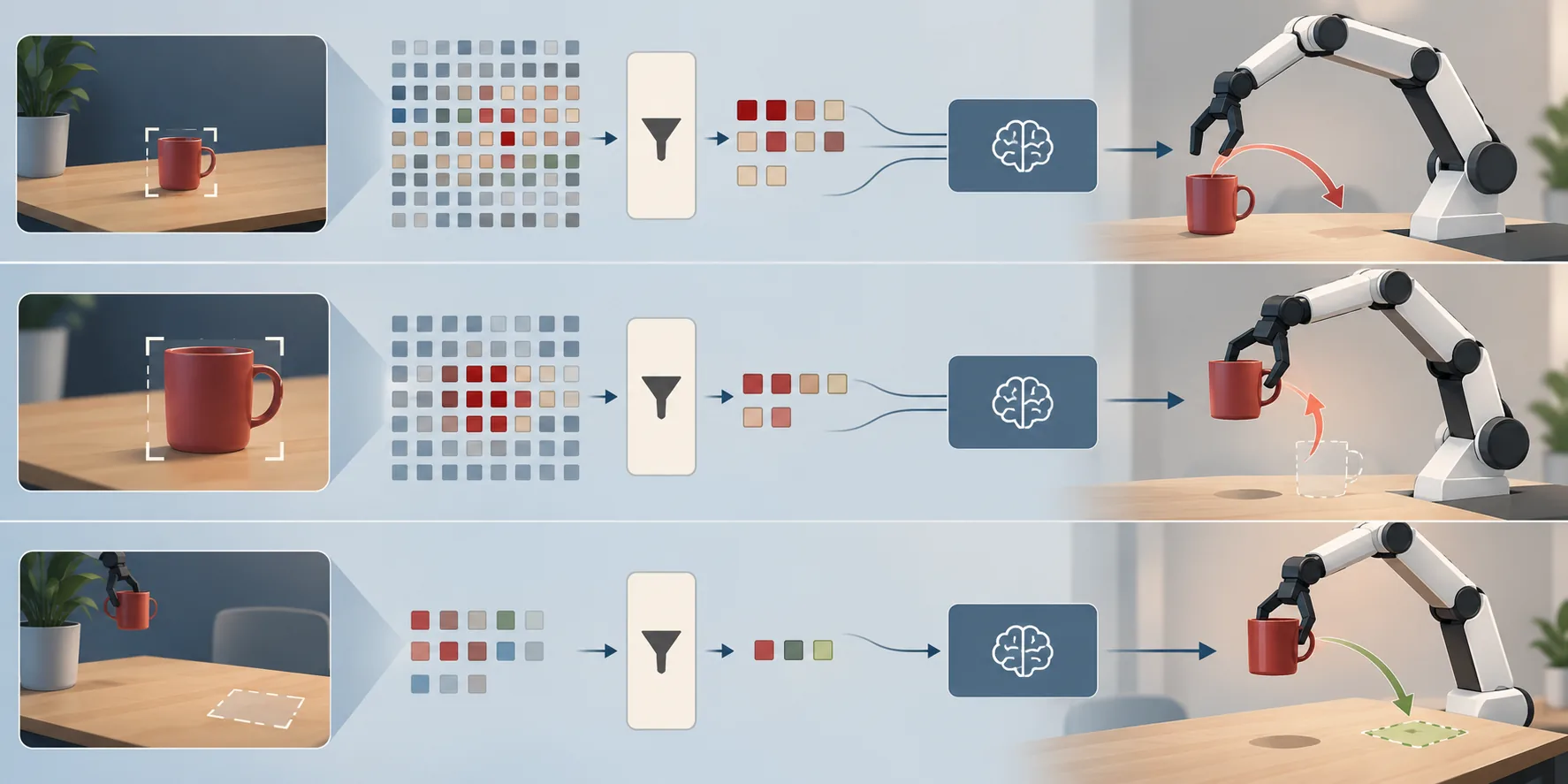 Conceptual illustration of a robot policy retaining task-relevant visual tokens while compressing less useful scene information.