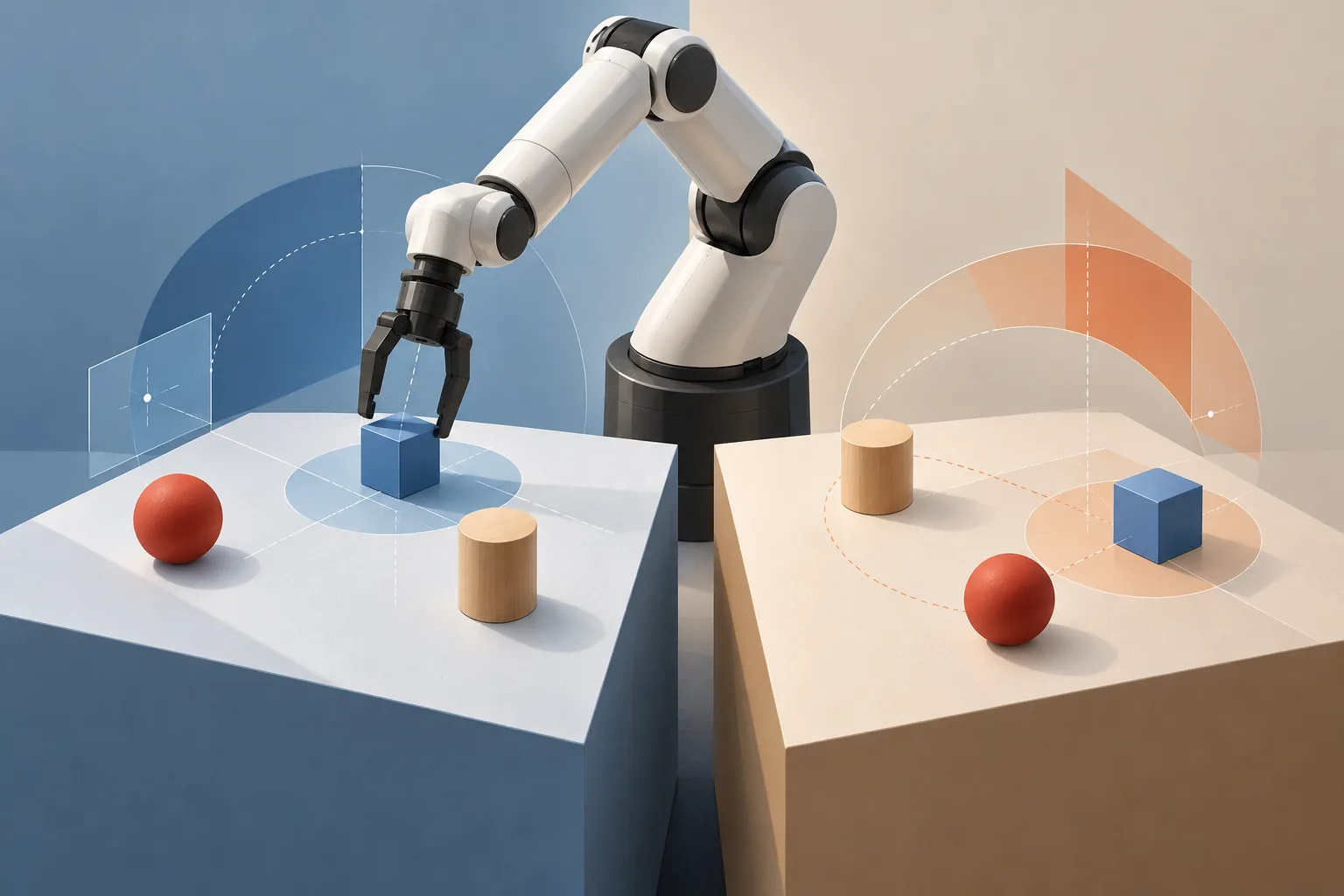 A robot arm facing two matched tabletop tests that differ only in the spatial arrangement of the objects