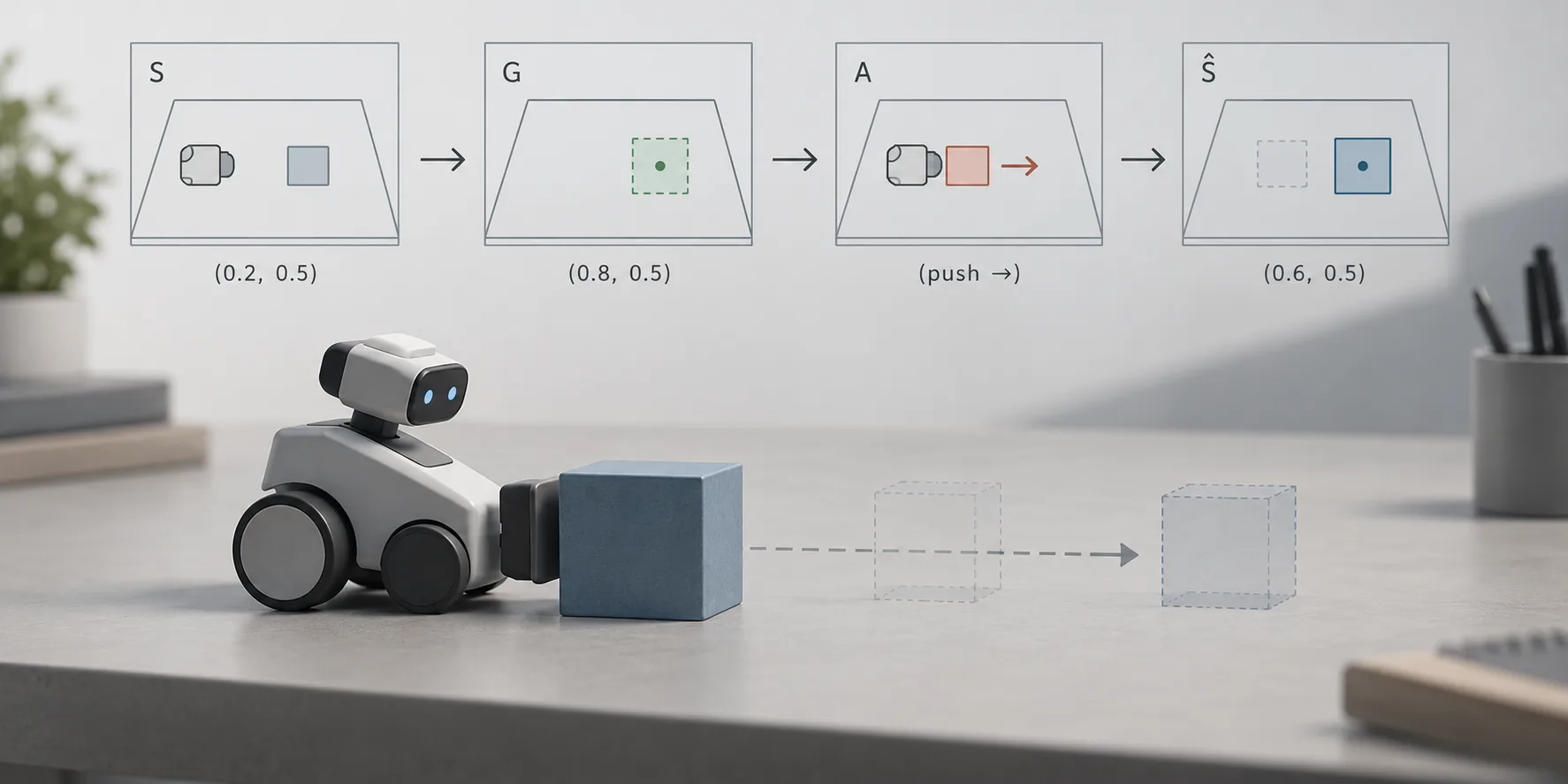 Conceptual illustration of a robot converting scene geometry, a goal, an action target and a predicted future state into one sequence of spatial tokens.