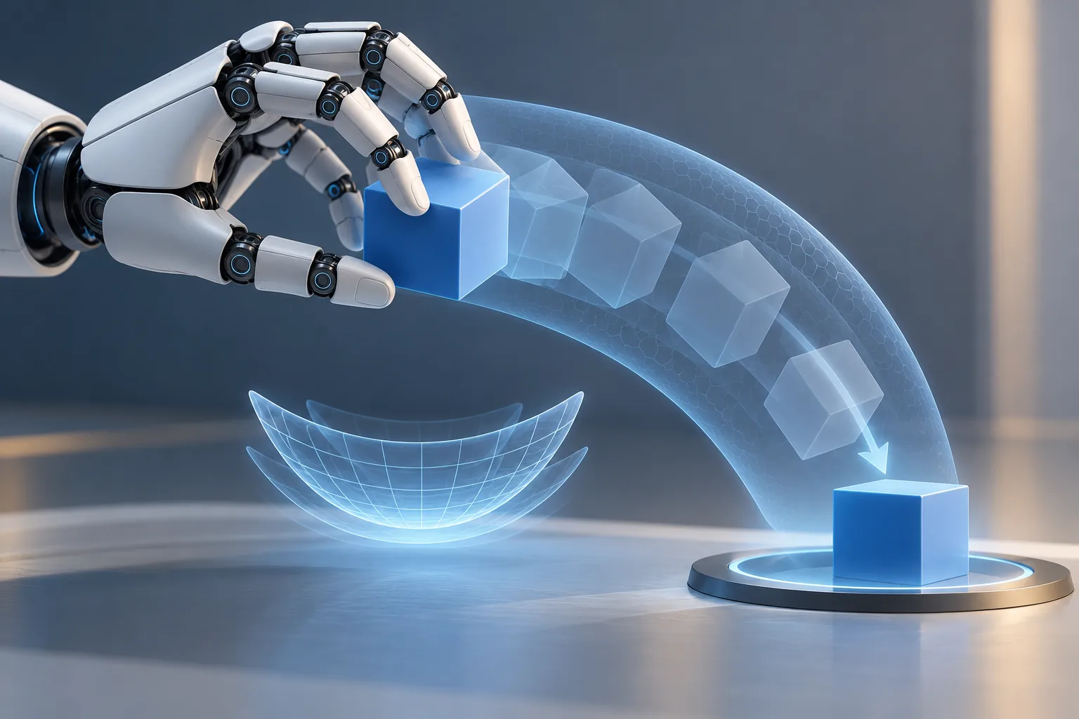 A robotic hand reorienting an object while goal attainment and drop prevention appear as separate visual outcomes