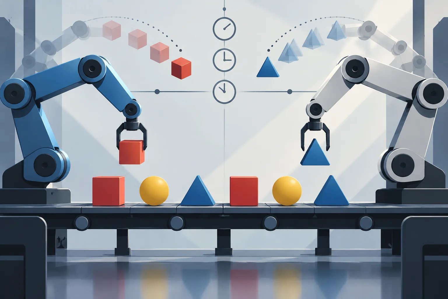 Two abstract robotic arms recombining familiar movements into a new coordinated sequence