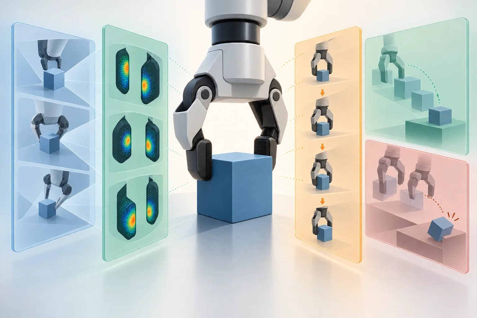 Conceptual robot manipulation scene connected to aligned visual, tactile and task-state predictions