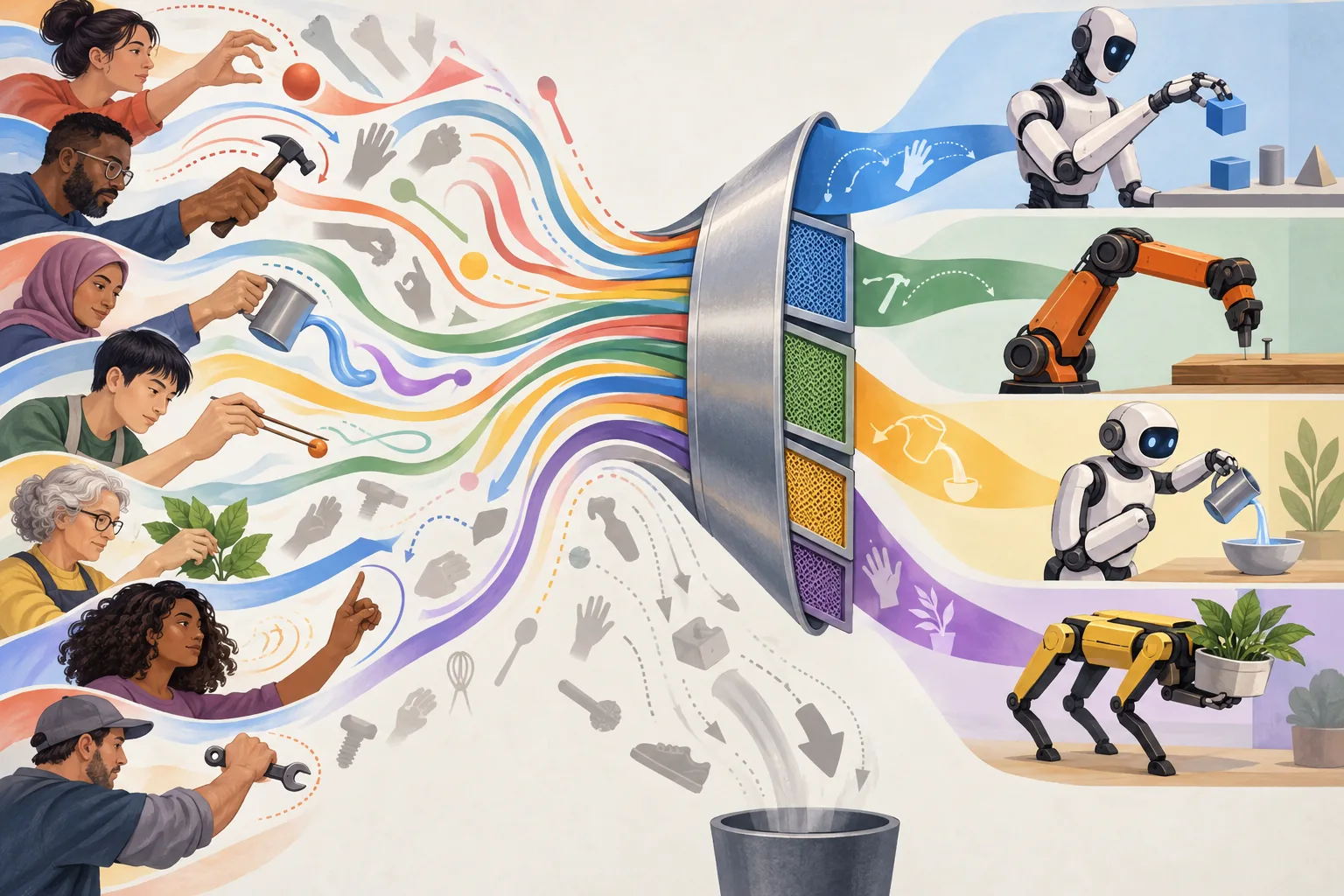 Streams of varied human demonstrations converge through an alignment filter toward several different robot bodies.