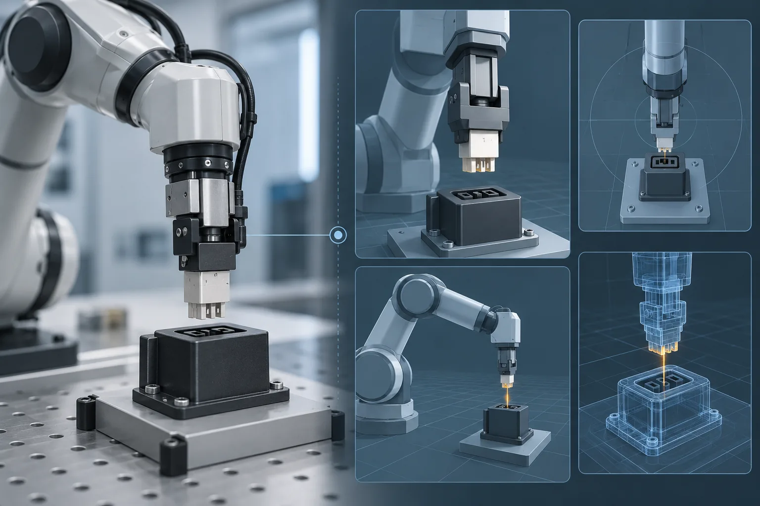 Illustration of a robot using physical camera input and complementary virtual viewpoints to align a plug with a socket.