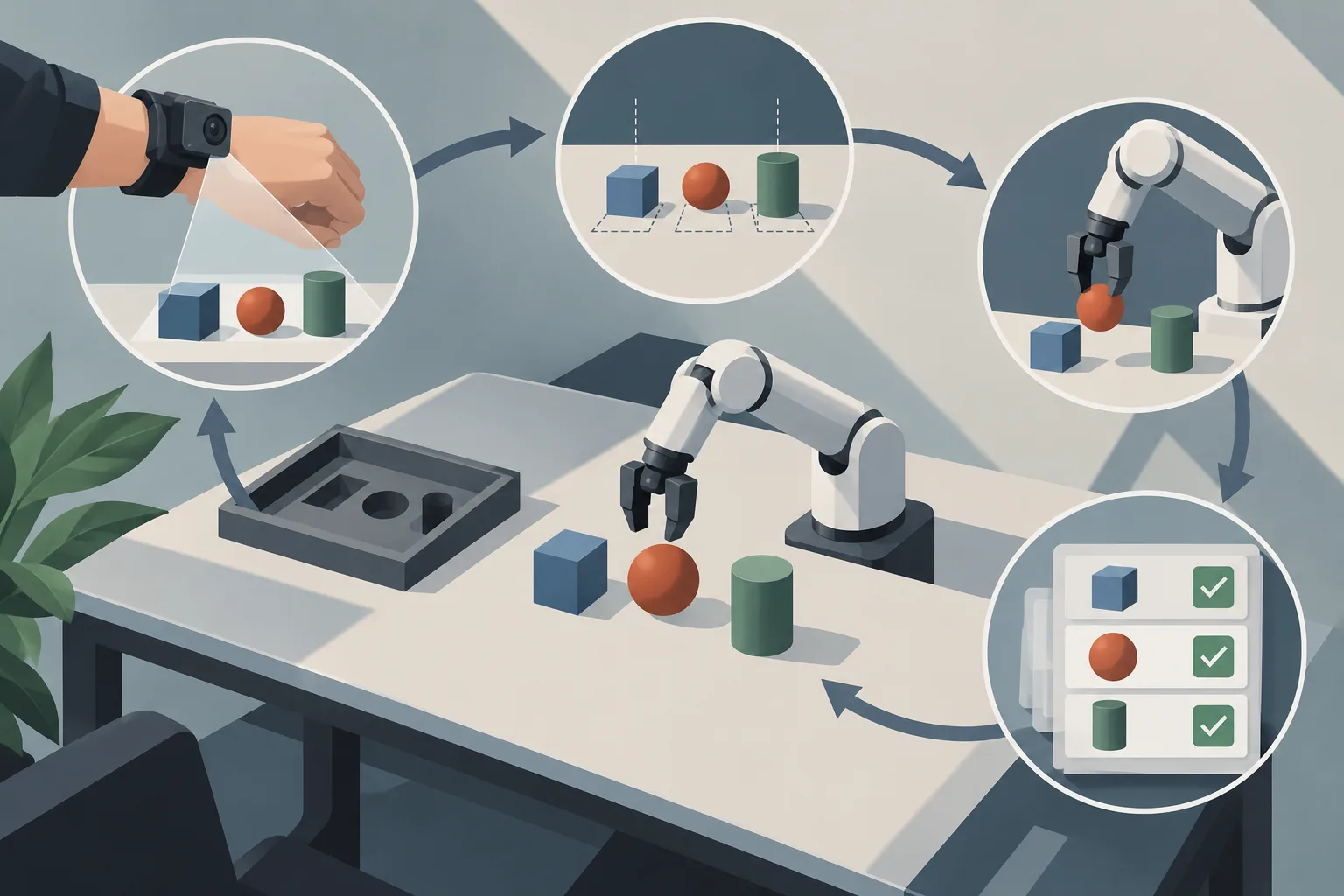A repeatable manipulation test represented as a loop connecting data capture, scene reset, robot execution and recorded results.