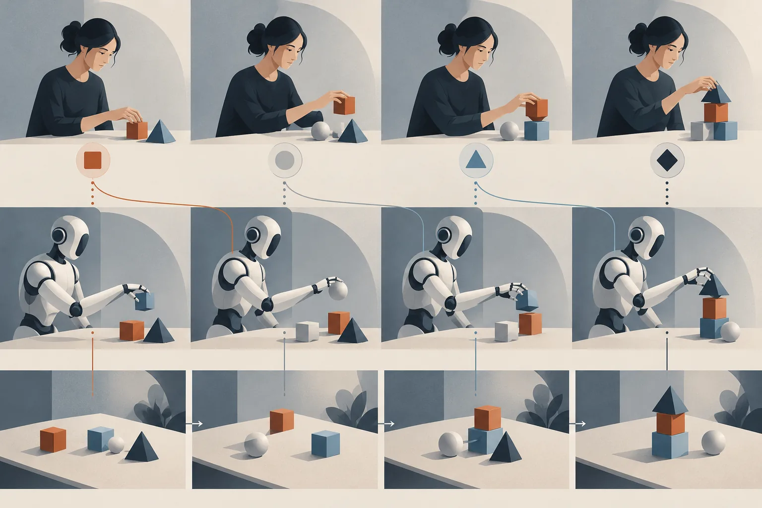 Human and robot motion sequences connected through predicted changes in a shared environment