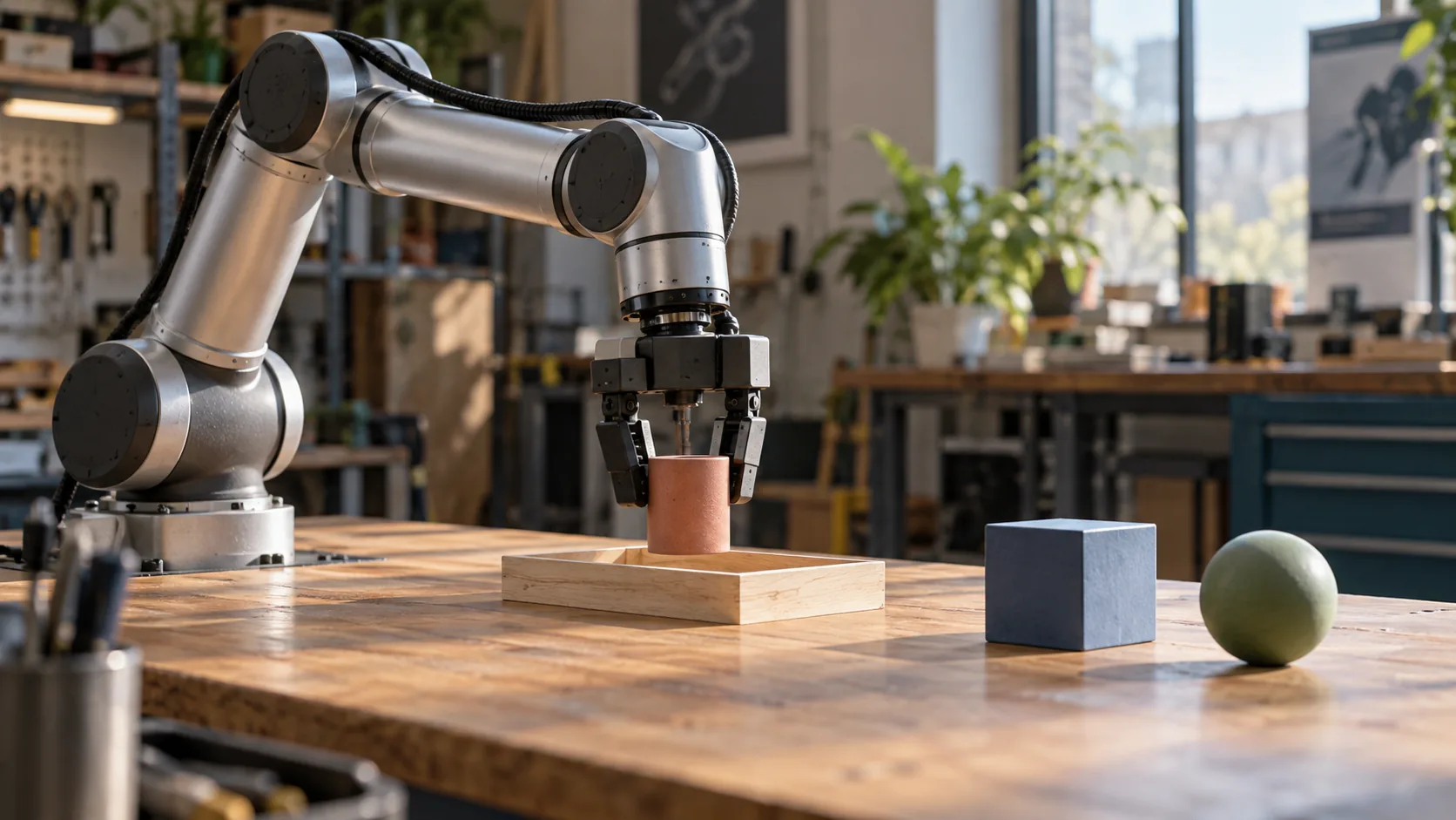Conceptual robot arm lowering a small cylinder toward a tray, with a cube and ball nearby.