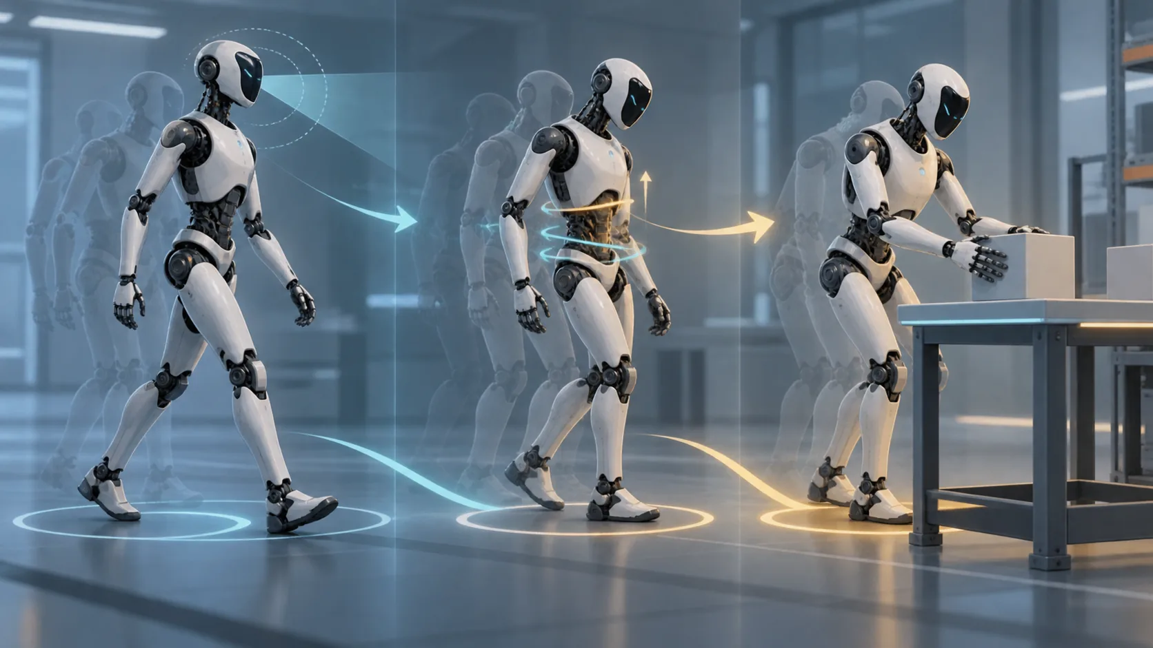 Conceptual illustration of a humanoid robot coordinating locomotion, head movement, waist posture, and arm manipulation in successive control stages.