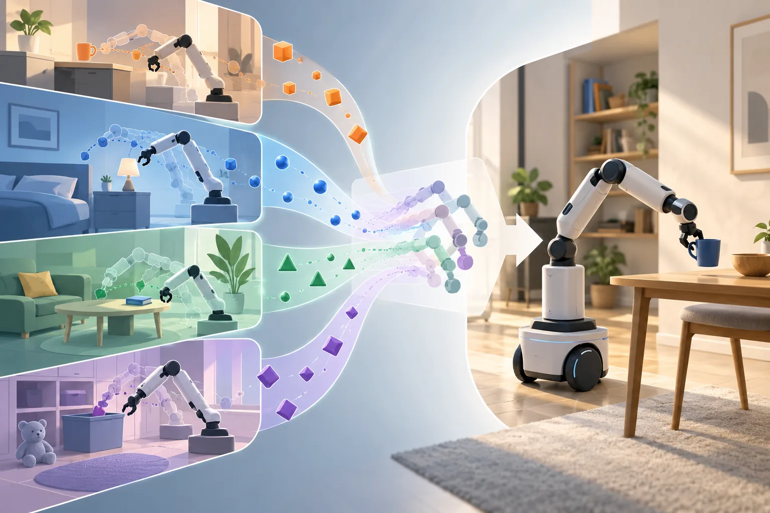 Illustration of a mobile manipulation robot learning from varied simulated household scenes before operating in a generic real room.