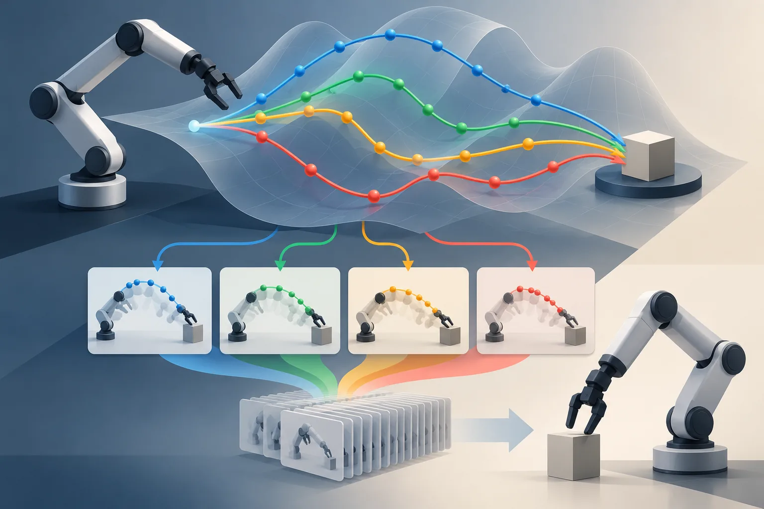 A robot arm following several successful paths toward the same manipulation goal