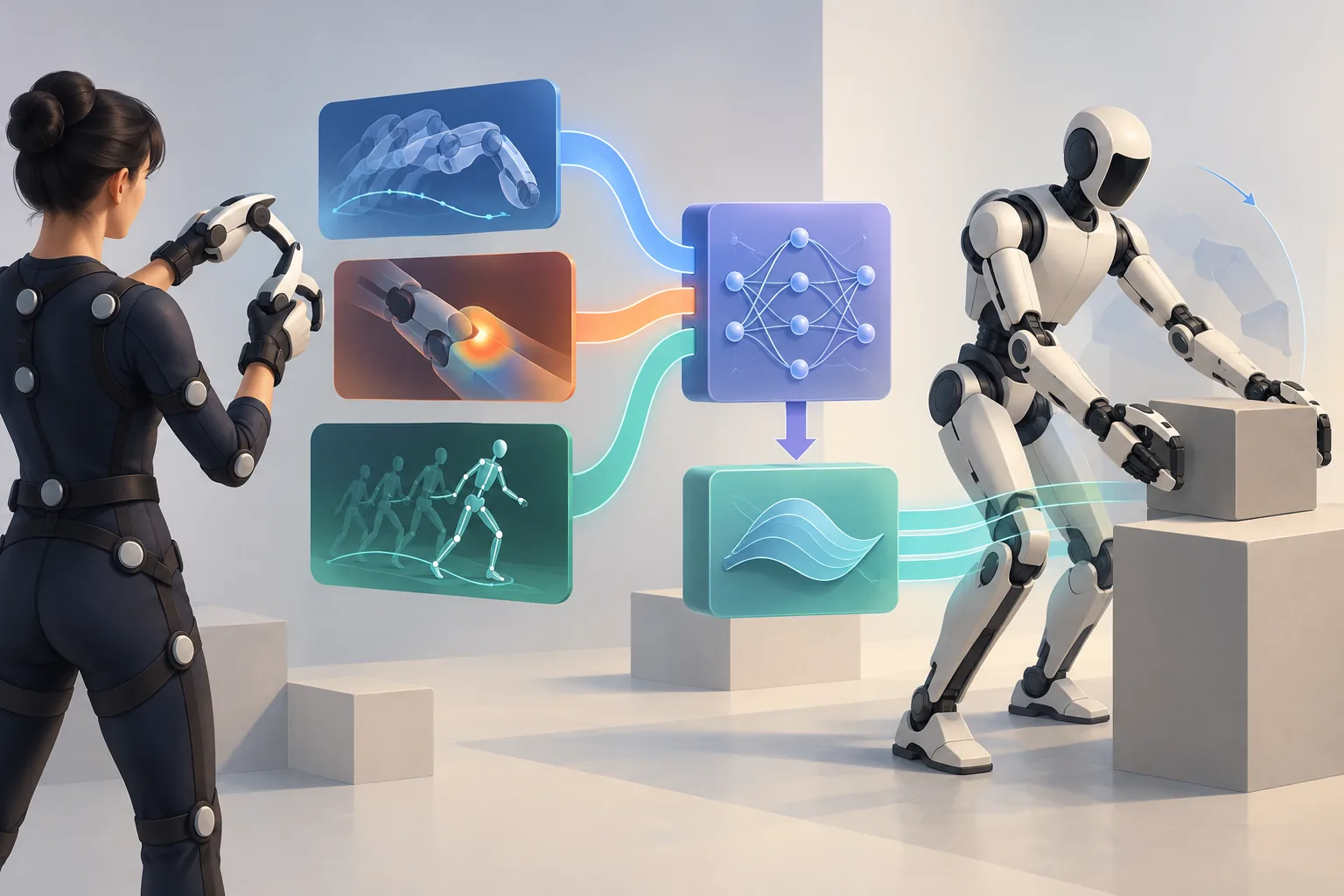 Conceptual humanoid coordinating whole-body motion and compliant two-handed contact from recorded force demonstrations