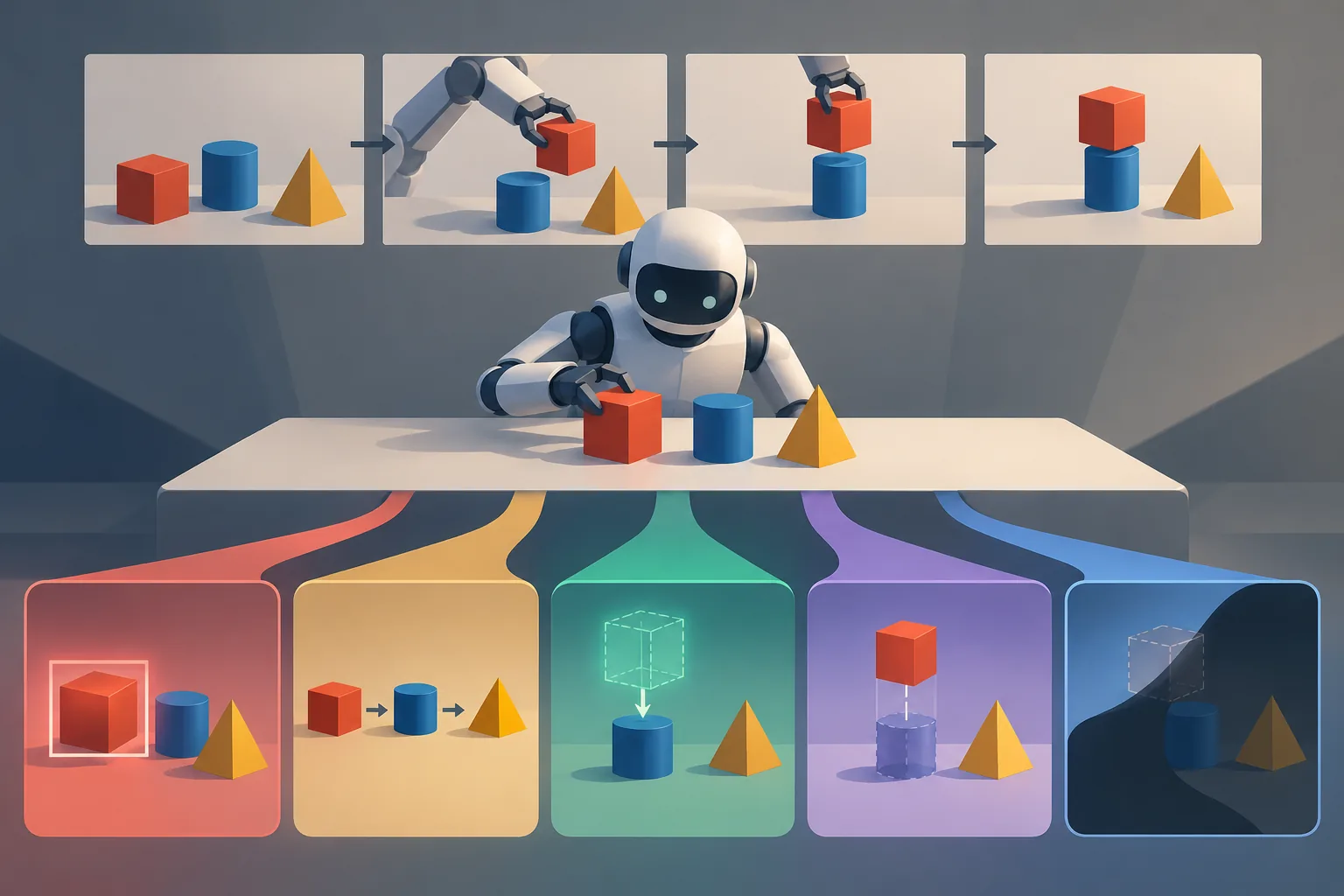 A sequence of robot-task frames branching into tests of recognition, ordering, prediction, and localization