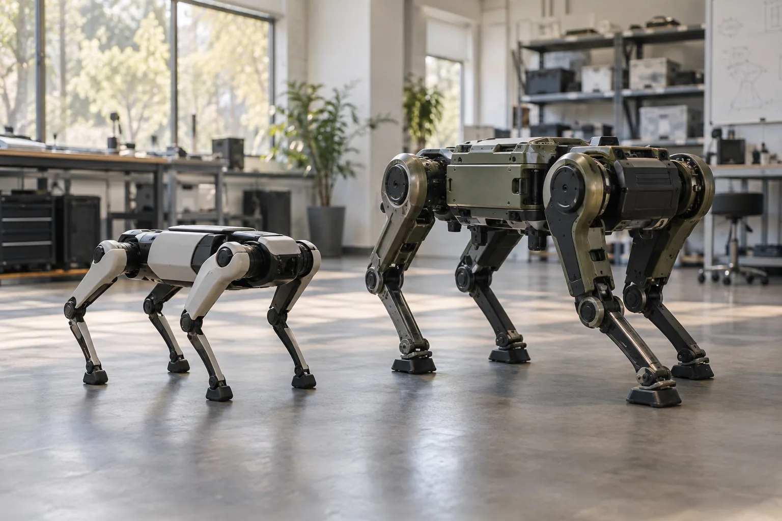 Conceptual image of two unbranded quadruped robots with different body sizes standing in a lab.