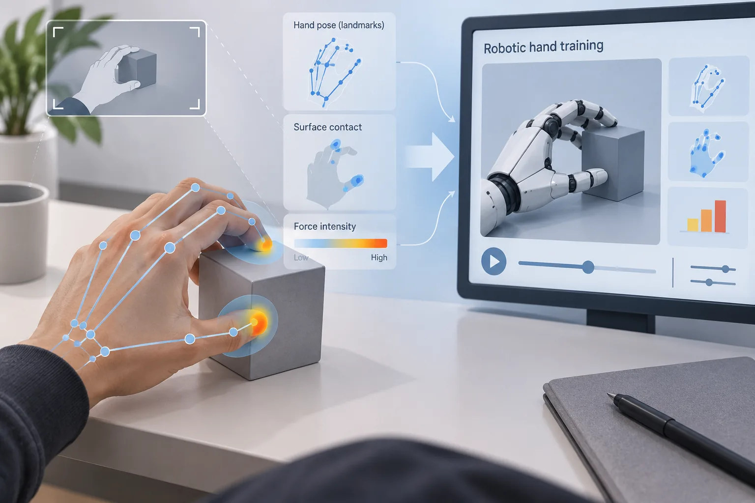 Conceptual illustration of a recorded human hand interaction being converted into hand-pose, contact and force maps for robot learning.