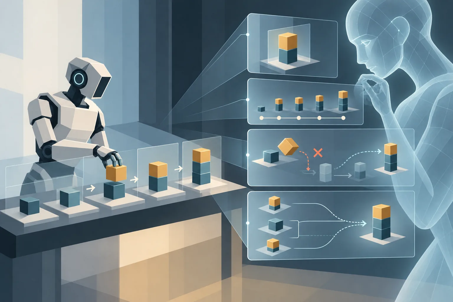 Conceptual layers for checking whether a robot evaluator tracks task state, progress, failure, recovery, and consistency