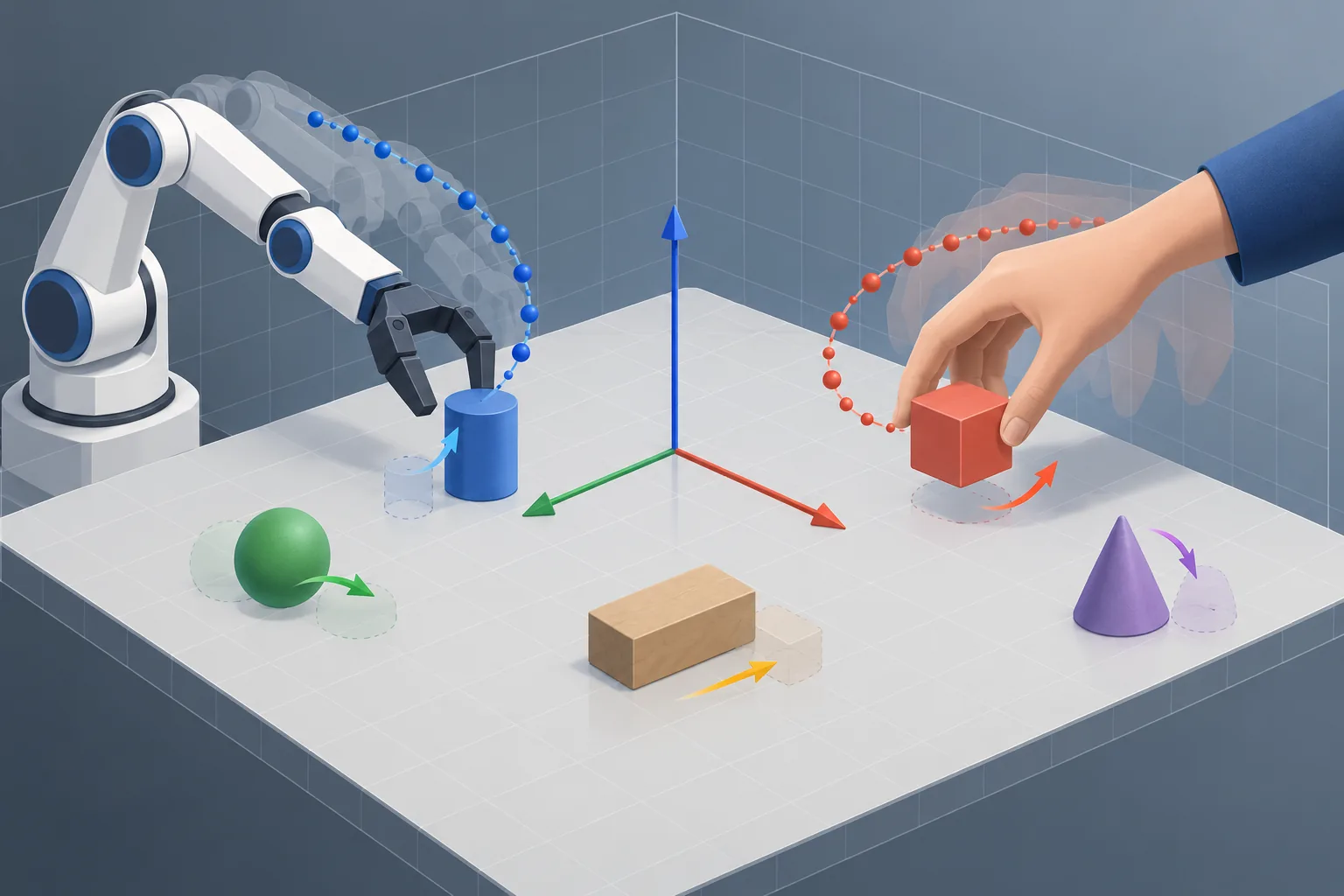 Conceptual illustration of a robot gripper, a human hand, and moving scene points represented as trajectories in a shared three-dimensional workspace.
