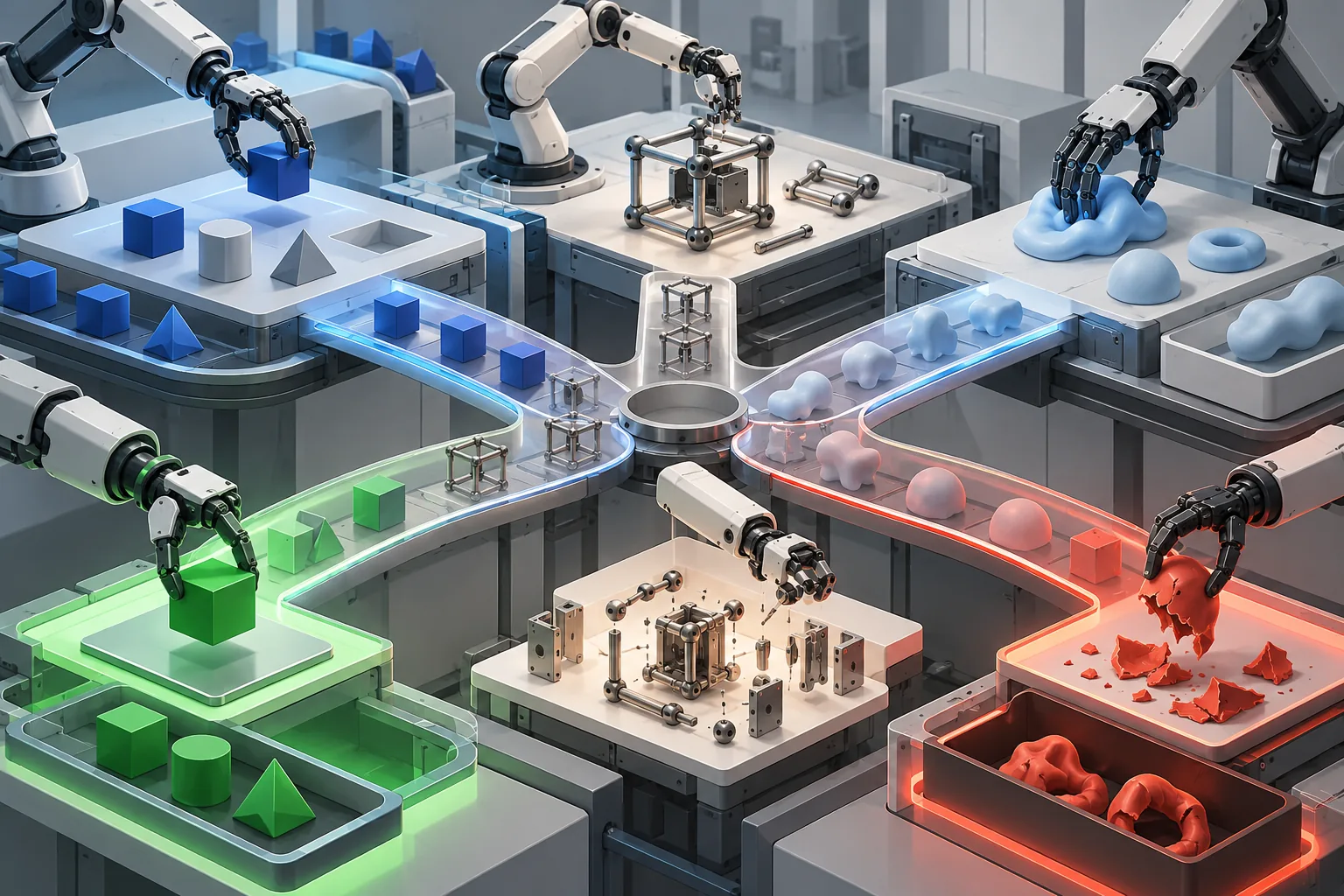 Robotic hands facing varied objects and manipulation challenges in a modular test environment