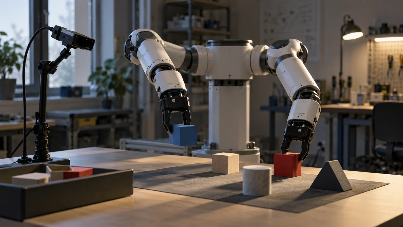 Conceptual illustration of a two-arm robot handling blocks under uneven indoor lighting while a camera observes the workspace.